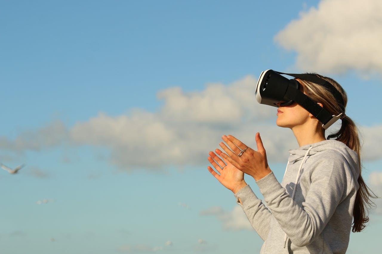 A person wearing a VR headset, viewing a WordPress website optimized for the Metaverse.