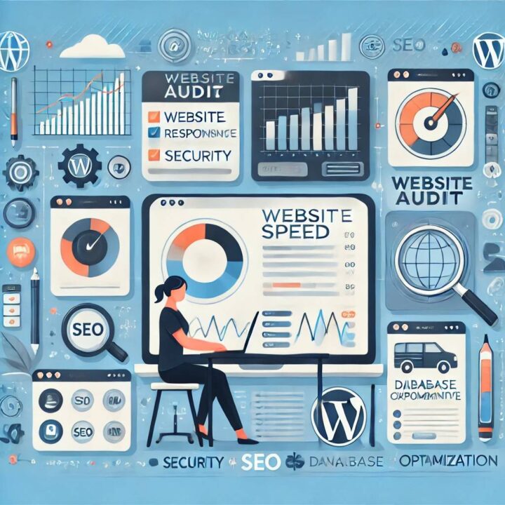 Illustration of a person performing a WordPress technical audit with icons representing website speed, mobile responsiveness, security, SEO, and database optimization.