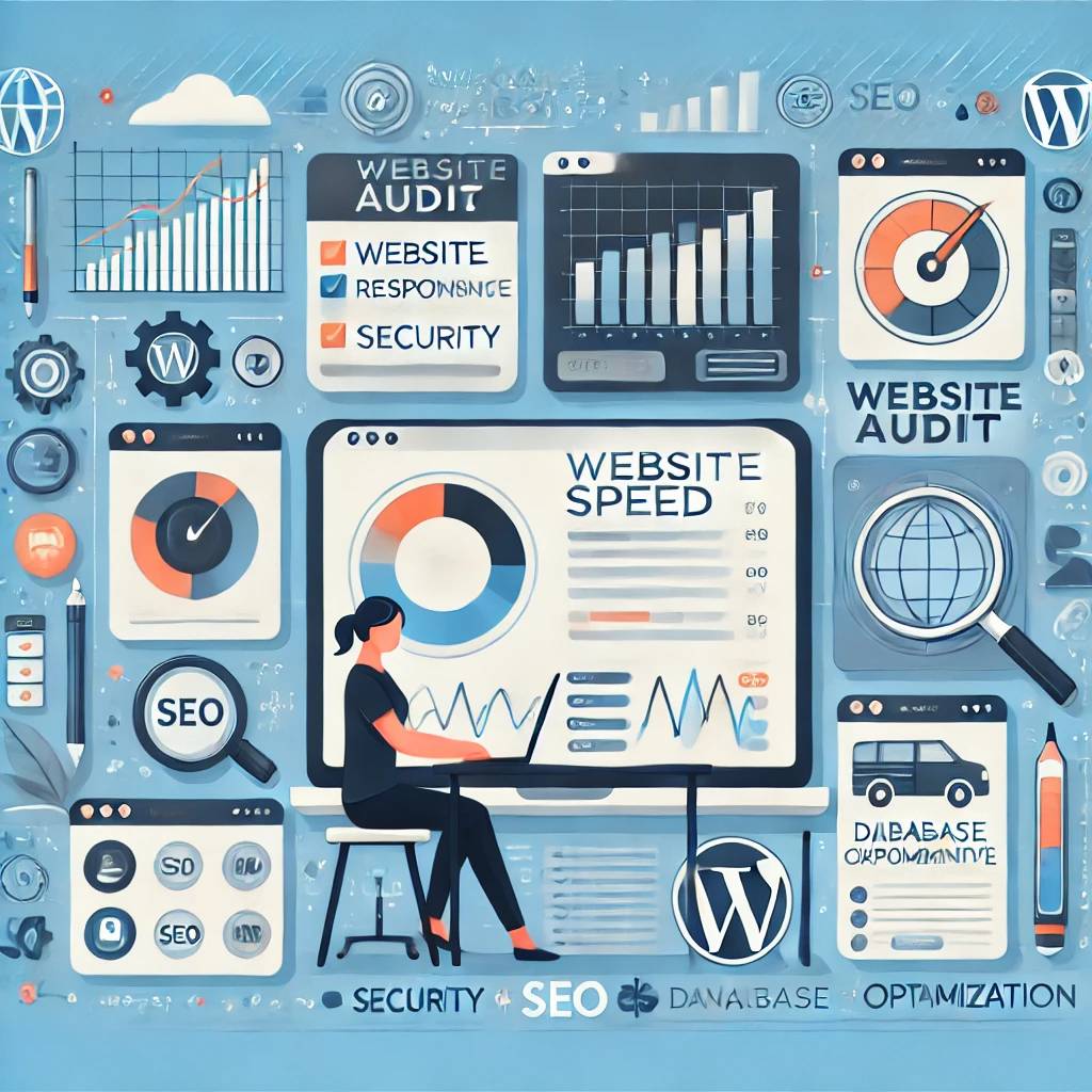 Illustration of a person performing a WordPress technical audit with icons representing website speed, mobile responsiveness, security, SEO, and database optimization.