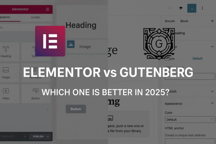 Comparison of Elementor and Gutenberg interfaces in 2025 with text overlay saying 'Which one is better?