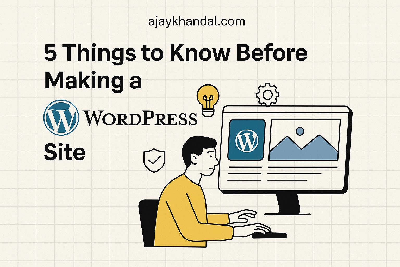 Illustration showing key elements to consider before building a WordPress website, including hosting, themes, SEO, and plugins