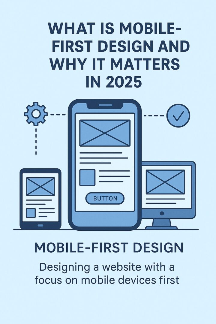 Illustration of mobile-first website wireframing with design elements scaling from smartphone to desktop