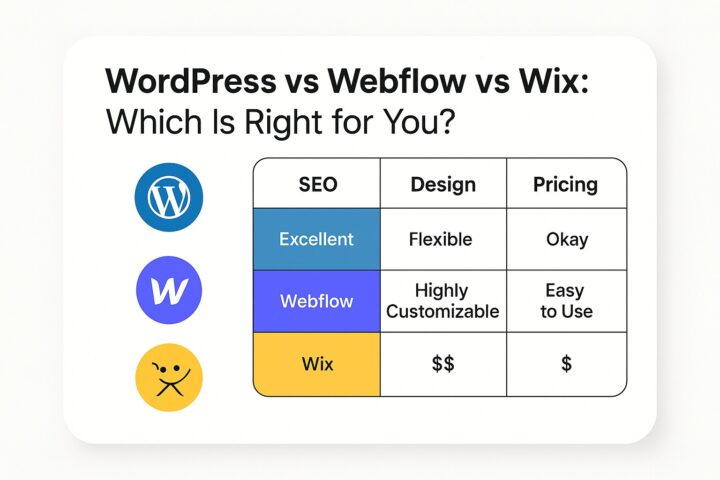 Comparison chart of WordPress, Webflow, and Wix platforms highlighting SEO, design, and pricing