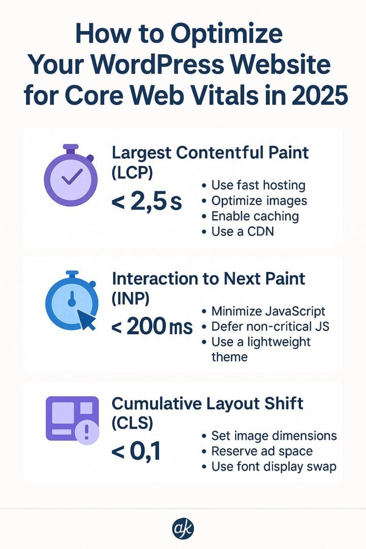 Infographic showing Core Web Vitals metrics LCP, INP, and CLS for WordPress optimization in 2025