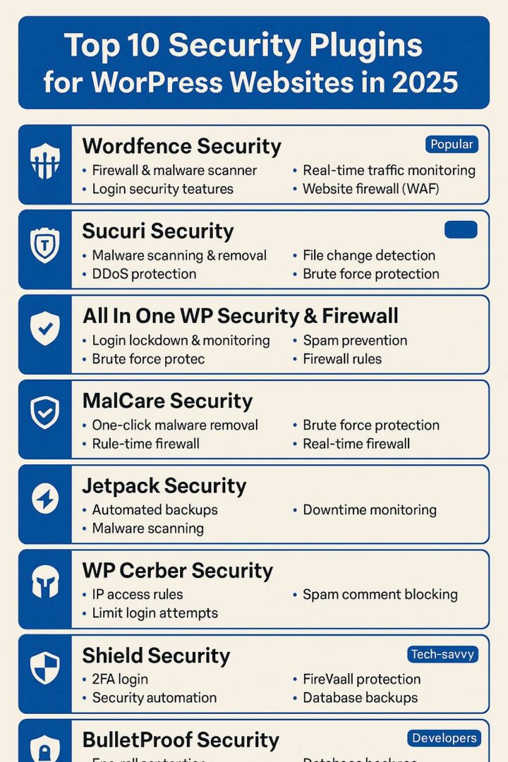 Infographic showing the top 10 WordPress security plugins in 2025 with features