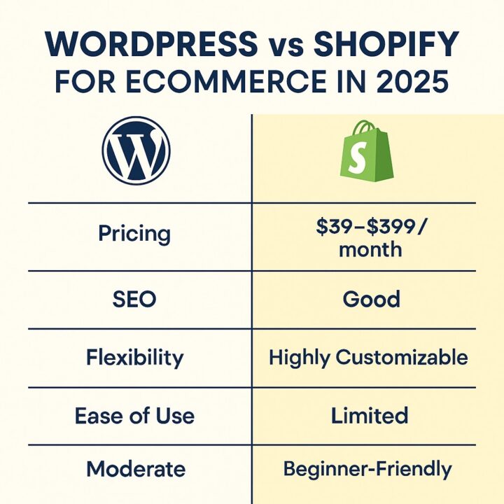 Comparison infographic of WordPress and Shopify platforms for eCommerce in 2025 showing pricing, SEO, flexibility, and ease of use