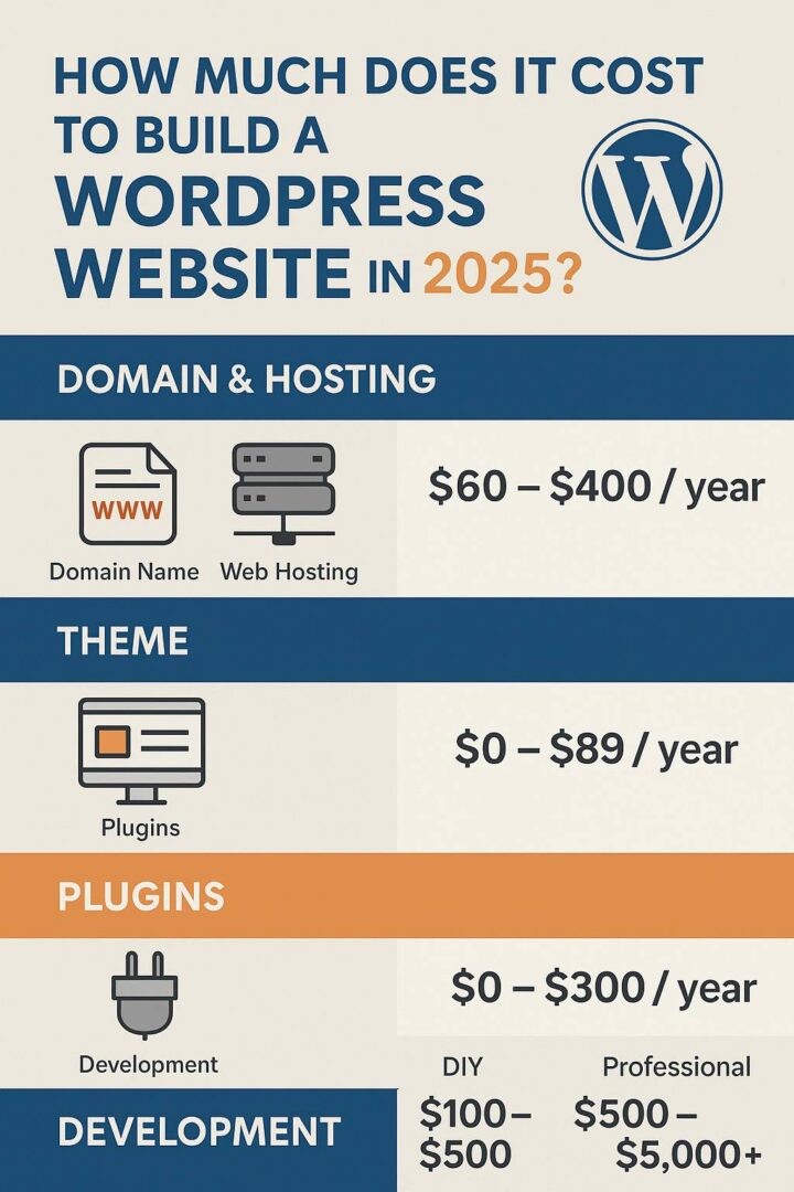 Infographic showing cost breakdown of building a WordPress website in 2025, including hosting, theme, plugins, and development options