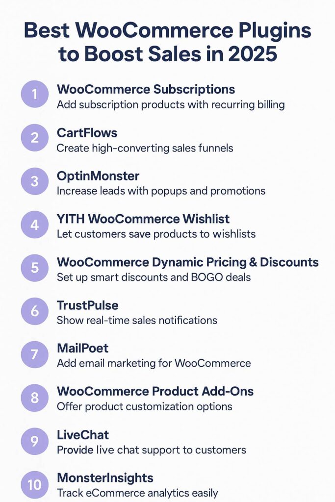 Infographic showing the best WooCommerce plugins to increase sales in 2025