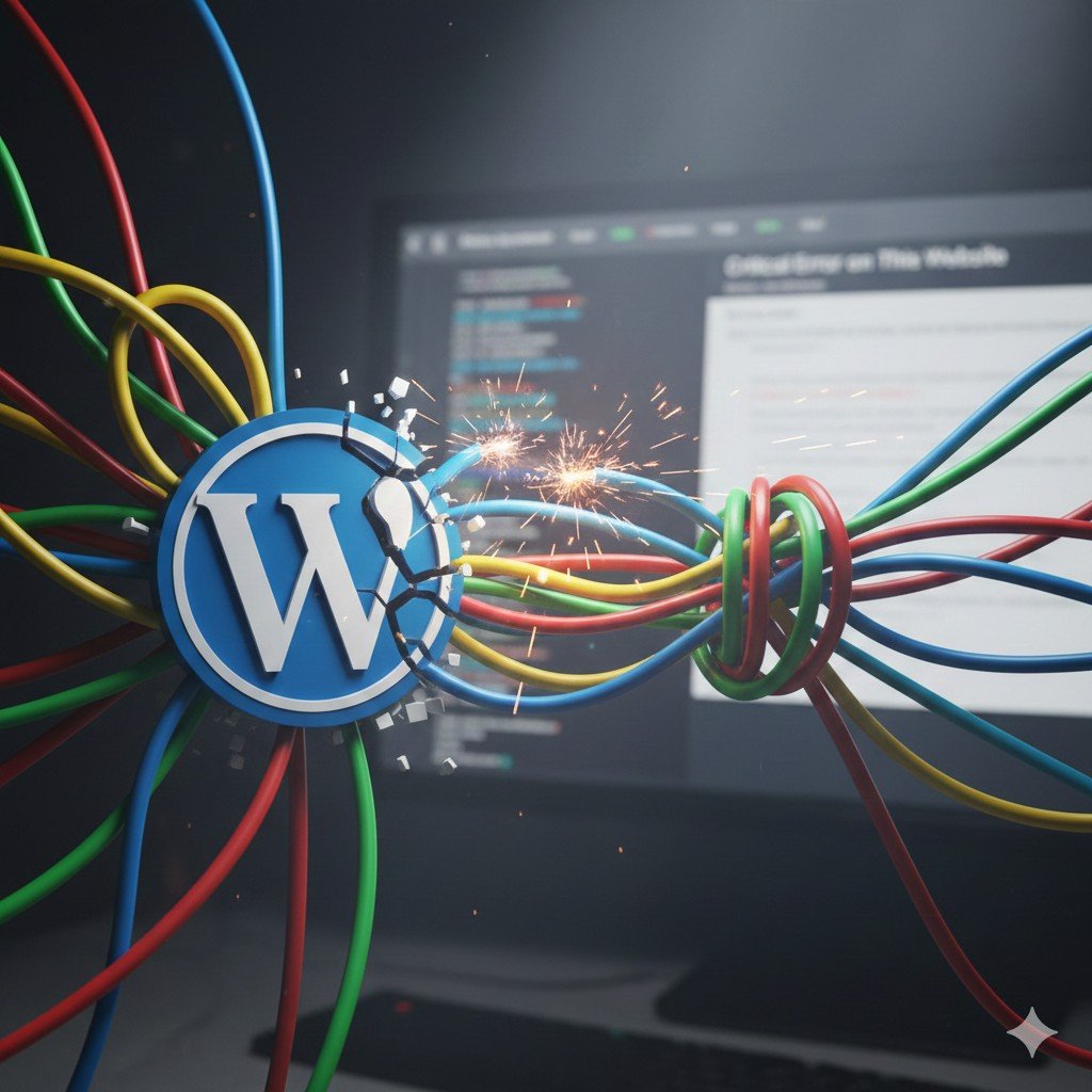 Stylized image showing a broken WordPress logo with colorful, tangled cables representing plugin conflicts, sparks, and a blurred computer screen in the background displaying an error message.