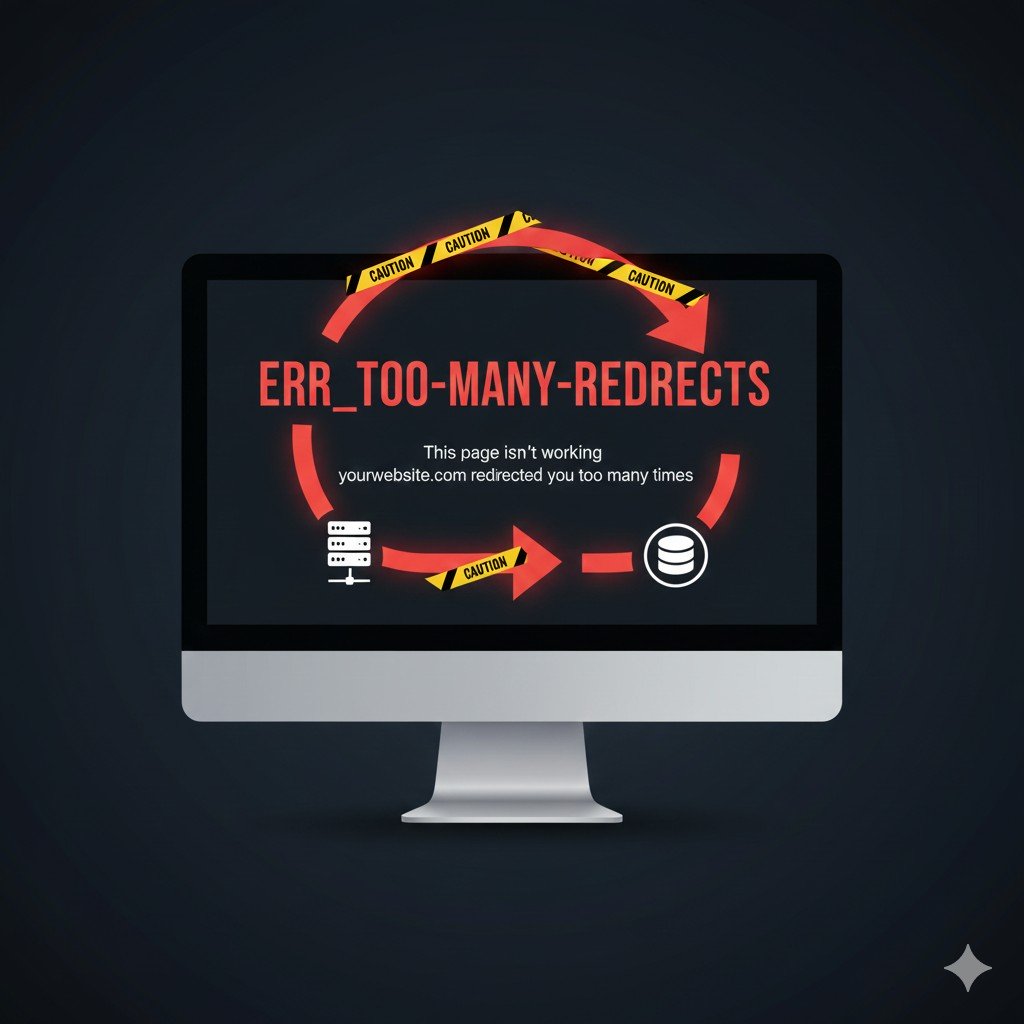 Stylized graphic showing a computer screen with the "ERR_TOO_MANY_REDIRECTS" error displayed, illustrating an infinite loop of traffic passing through server and database icons.