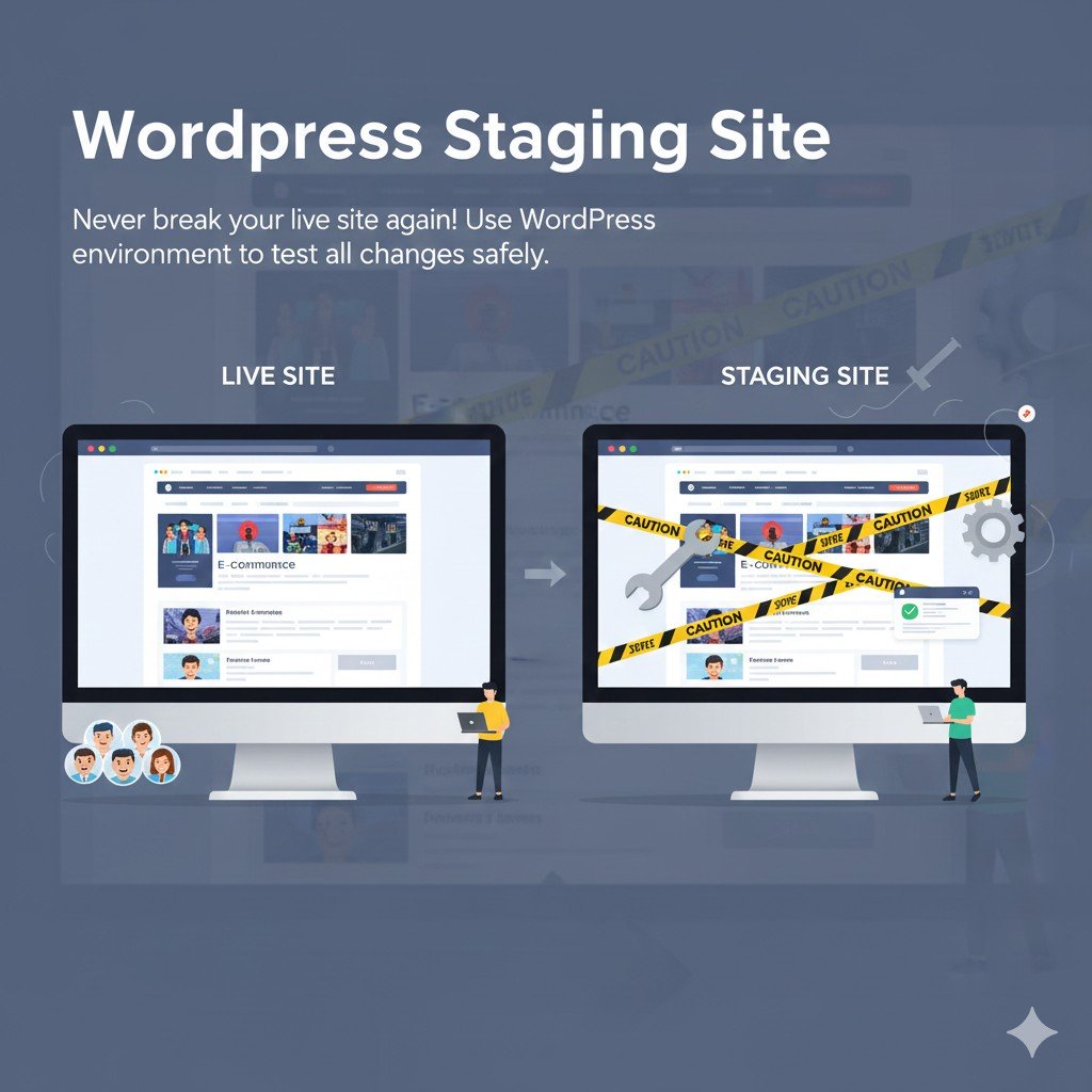 llustration showing a comparison between a clean "LIVE SITE" screen and a "STAGING SITE" screen with caution tape, tools, and a developer making changes, representing safe WordPress testing.