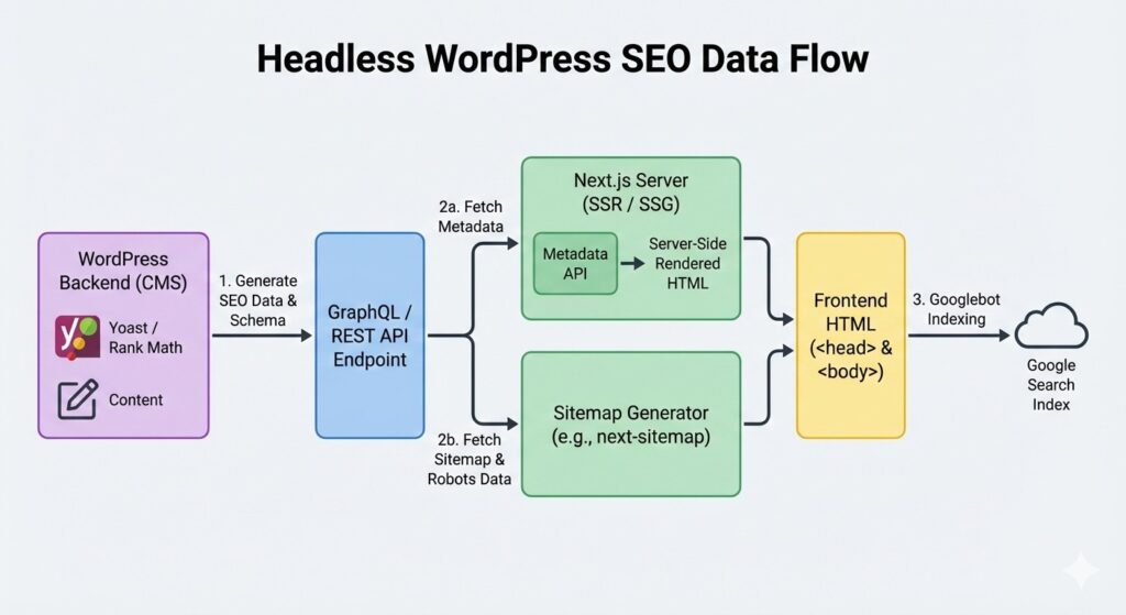 Technical architecture diagram showing how SEO metadata (Titles, Meta Descriptions, Open Graph tags) is fetched from WordPress via API and rendered in a Next.js frontend for search engine optimization.