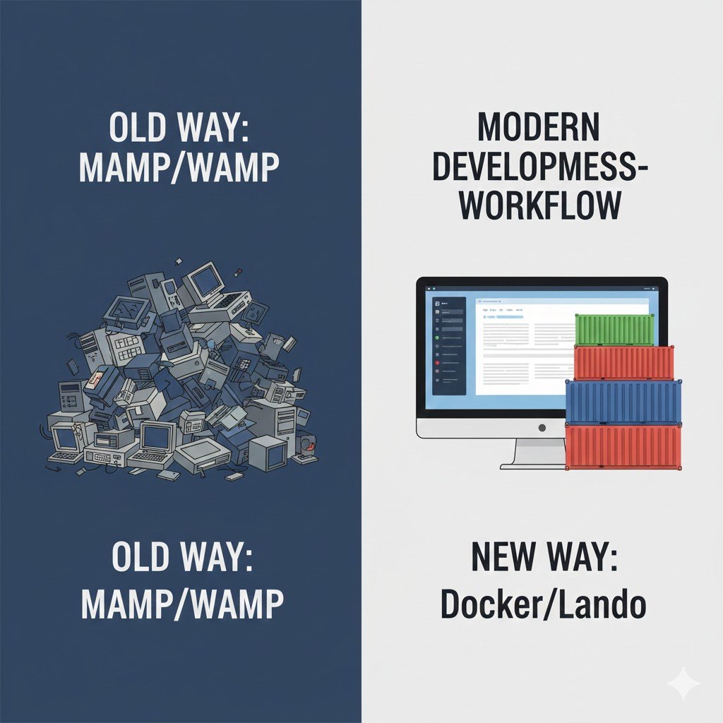Visual comparison of modern containerized local WordPress development (Docker, Lando) versus legacy stacks (MAMP/WAMP), illustrating improved organization and environment parity.