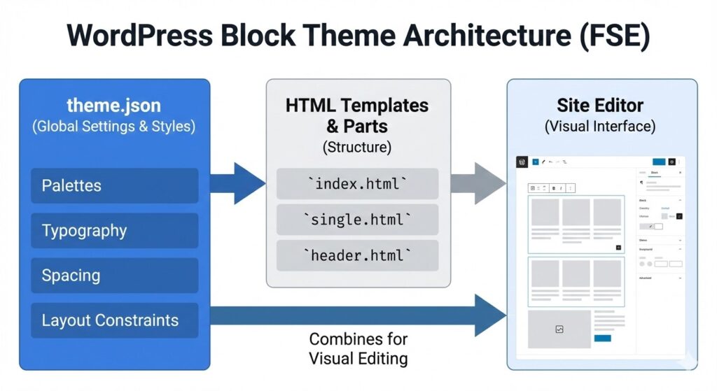 Architecture diagram of a WordPress Block Theme showing the connection between the theme.json file for global styles, HTML template files, and the visual Site Editor interface.