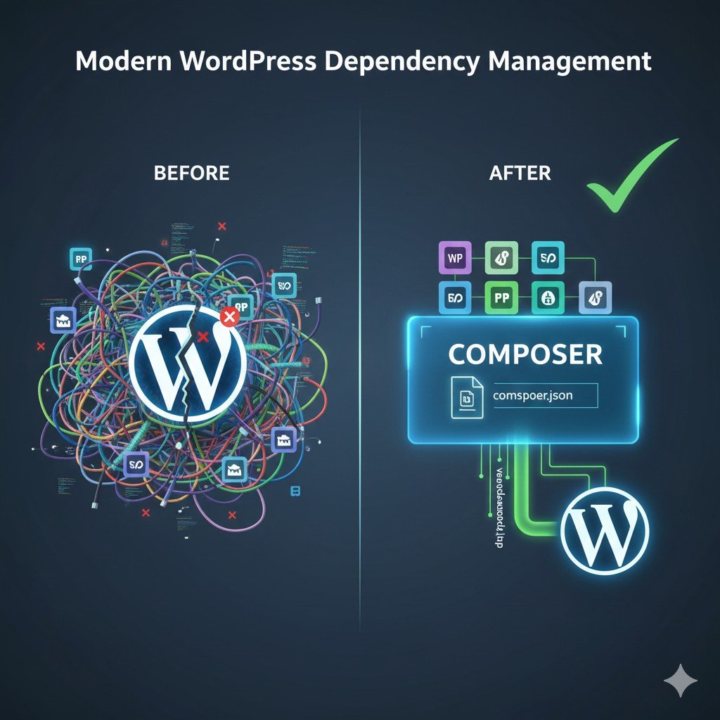 Visual representation of Composer, the PHP dependency manager, organizing multiple libraries (packages) into a single, clean autoloader file within a WordPress plugin folder structure.