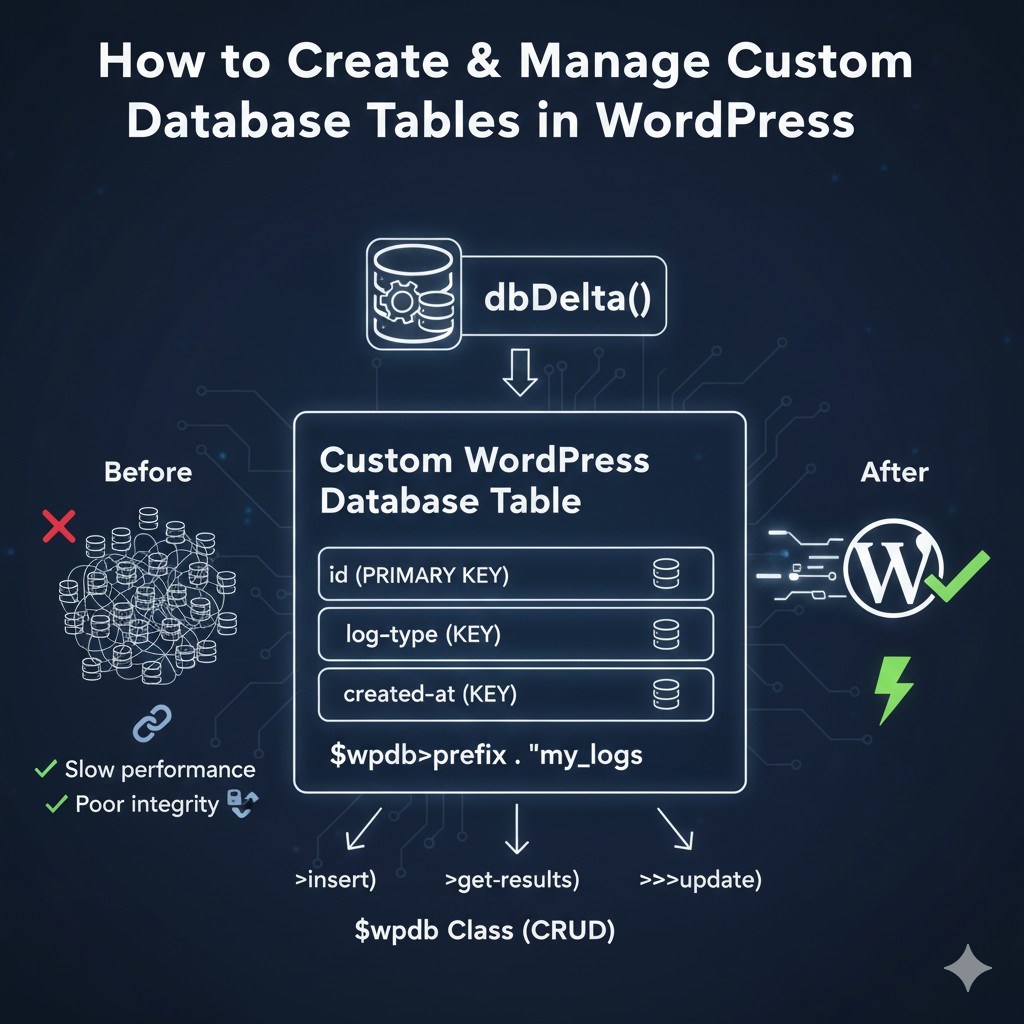 Diagram illustrating a structured custom SQL table with indexed columns, contrasting with the slower, generalized EAV model of the wp_postmeta table for improved database efficiency and query speed.
