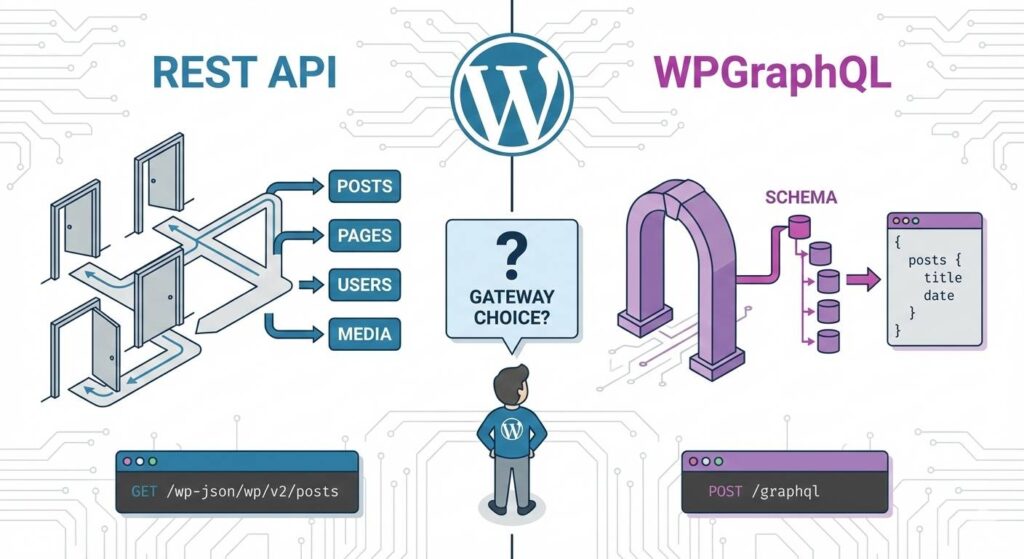 Infographic comparing the data fetching architecture of WordPress REST API versus WPGraphQL, highlighting the difference between multiple endpoints and a single query-based gateway for headless development.