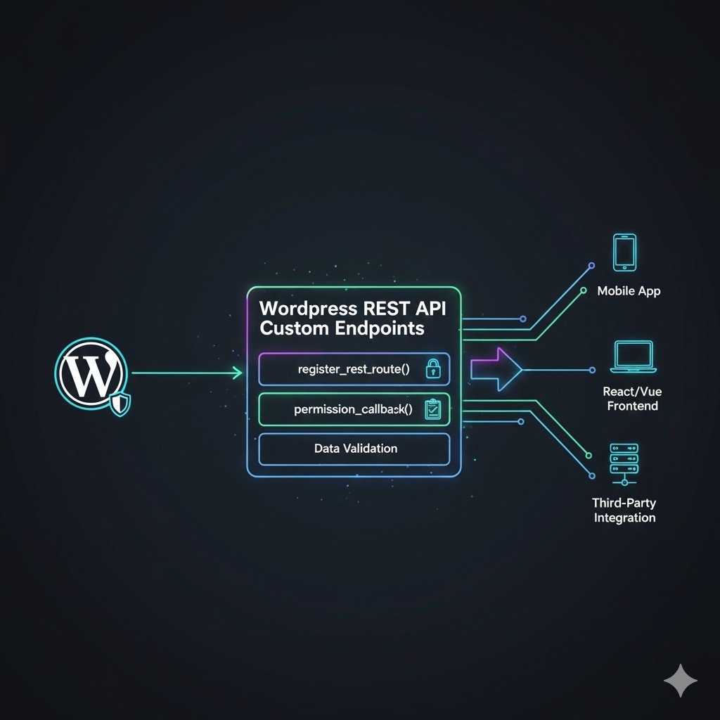 Visualization of JSON data packets securely transferring between a decoupled JavaScript frontend application and the WordPress core via a custom REST API endpoint.