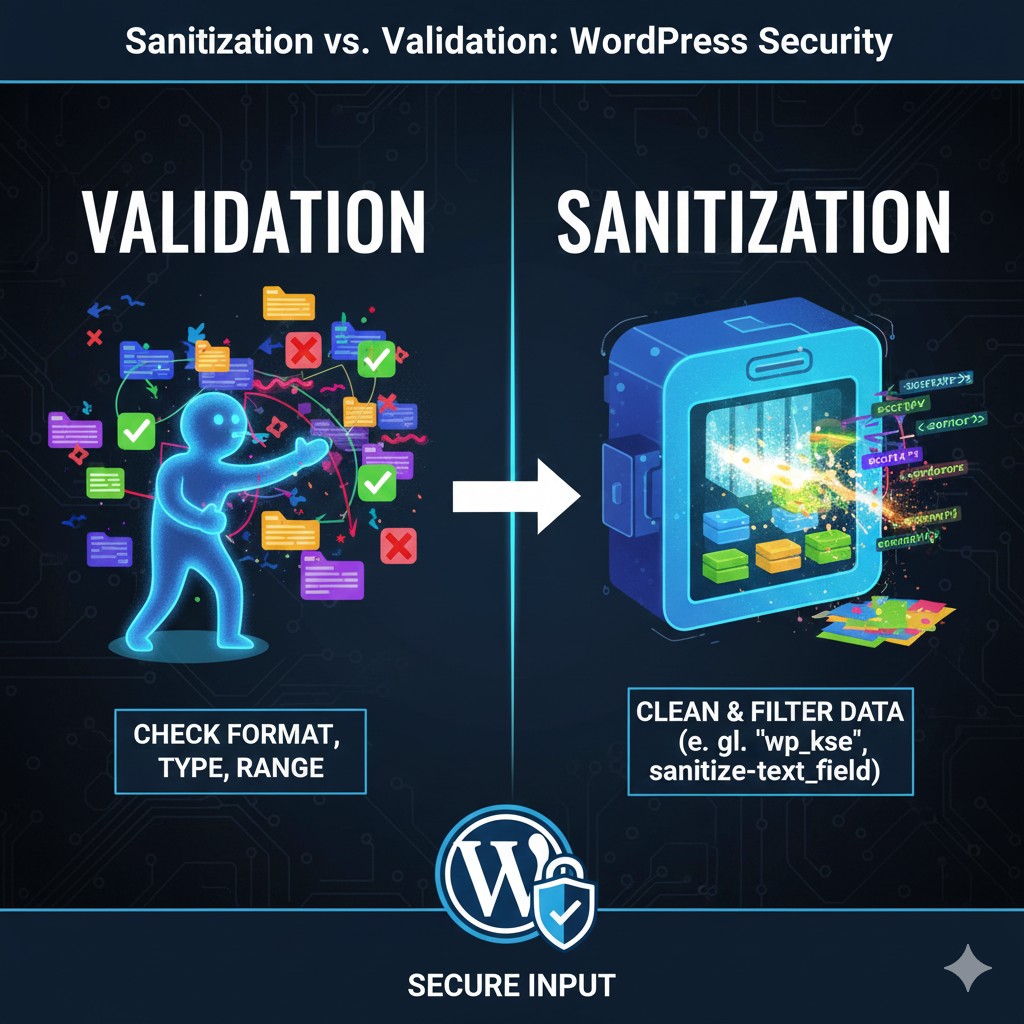 Flowchart showing user input passing through two stages: a strict Validation gate (checking format) and a Sanitization filter (removing malicious code) before entering the WordPress database.