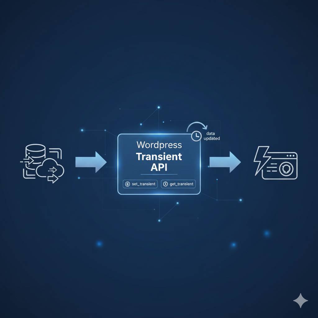 Diagram showing data being routed through a high-speed cache block labeled "Transient API" to quickly deliver custom data to WordPress, illustrating performance optimization.