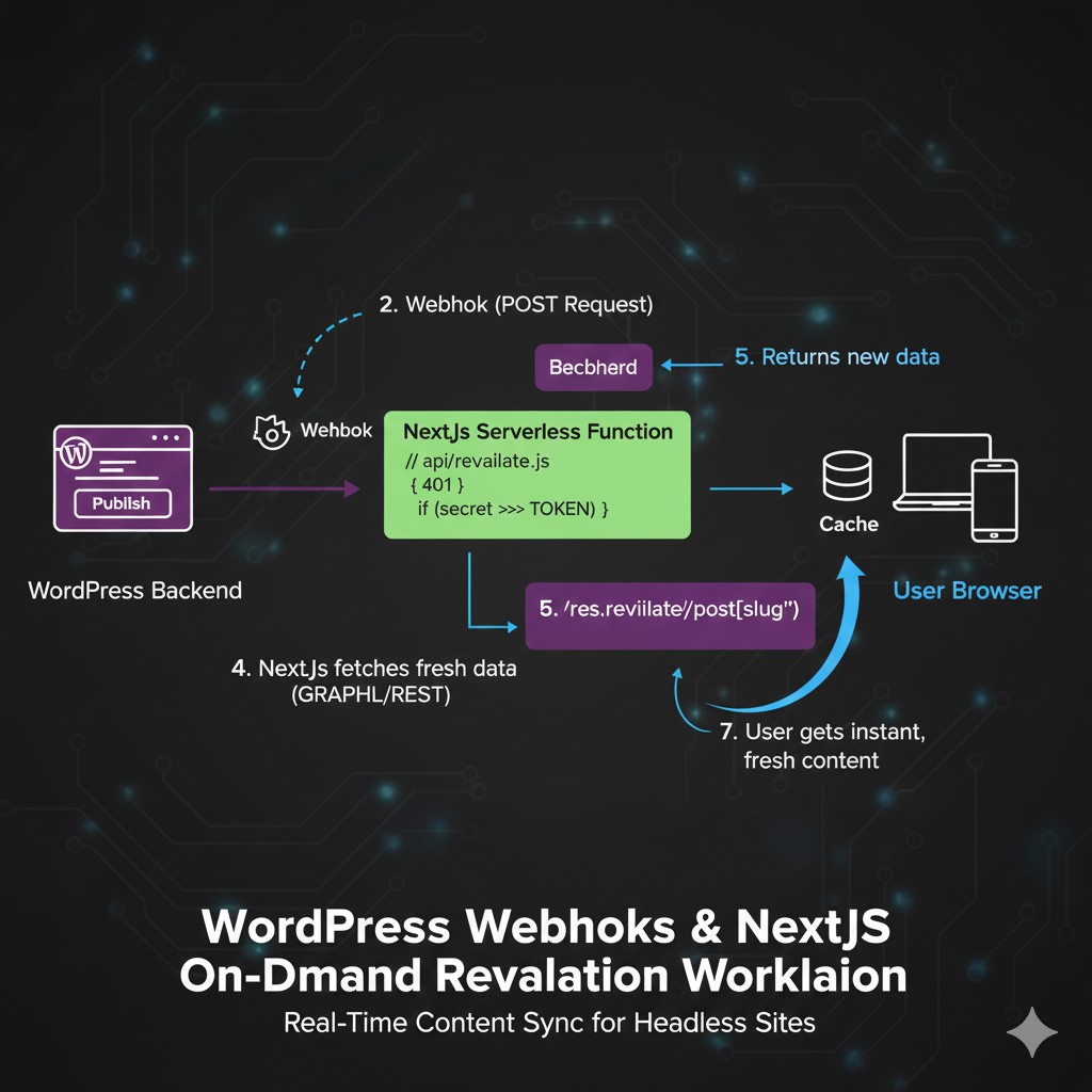 Architecture diagram showing how a WordPress Webhook triggers a Next.js On-Demand Revalidation API to clear the static cache of a specific page without a full site rebuild.