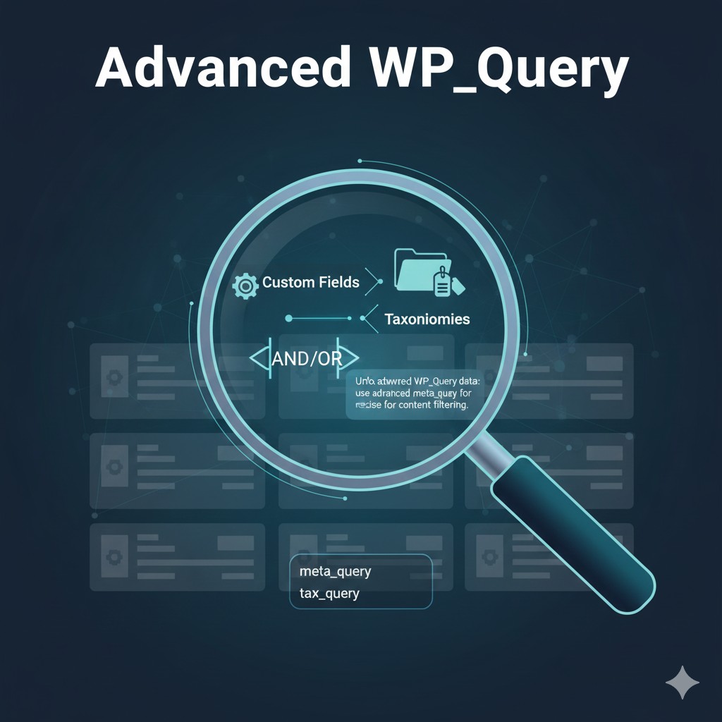 Illustration of advanced WP_Query filtering, showing a magnifying glass over data with icons for Custom Fields, Taxonomies, and an AND/OR logic gate, representing complex meta_query and tax_query.