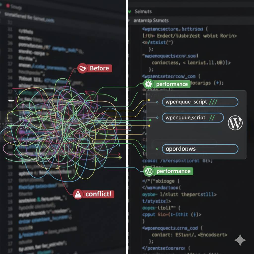 Diagram illustrating the wp_enqueue_script process for integrating external JavaScript libraries into WordPress, emphasizing dependency management and clean code organization.