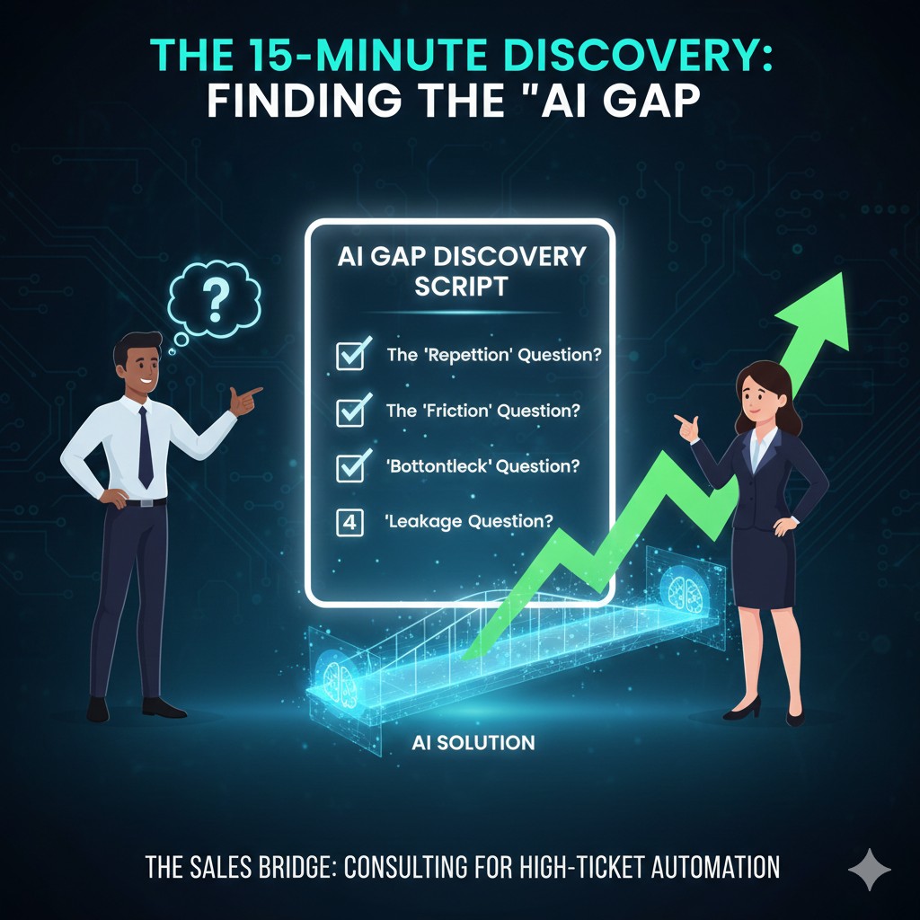 A checklist showing the 4 key questions of the AI Discovery Script. In the background, a consultant is shown bridging the gap between a business problem and an AI solution.