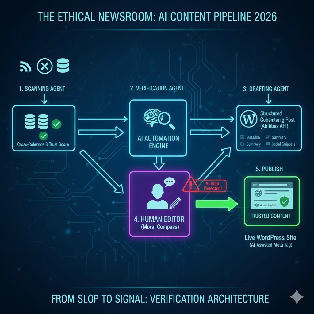 Technical infographic of an ethical AI newsroom in WordPress. It shows a 5-step agentic workflow: 1. Scanning Agent (RSS/Social), 2. Verification Agent (Cross-referencing & Trust Scoring), 3. Drafting Agent (Structured Gutenberg blocks via Abilities API), 4. Human Editor (Moral Compass & Slop Detection), and 5. Trusted Content publication with AI-Assisted Meta Tags.