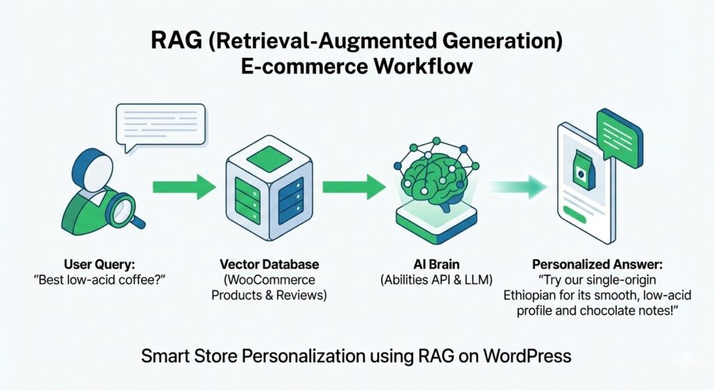 nfographic illustrating the RAG (Retrieval-Augmented Generation) e-commerce workflow on WordPress. It shows a step-by-step flow from a specific user query ("Best low-acid coffee?") being retrieved from a WooCommerce Vector Database, processed by the AI Brain (Abilities API & LLM), and delivered as a personalized product recommendation answer.