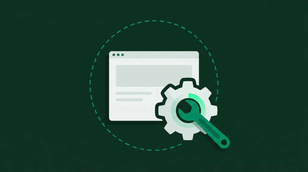 Illustration of a browser window with a wrench and gear inside a dashed maintenance cycle loop, representing ongoing WordPress maintenance services