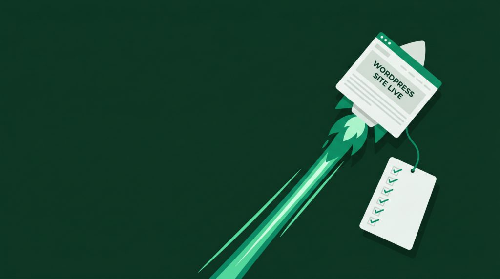 Illustration of a WordPress site launching like a rocket with a checklist of checked boxes trailing behind it, representing a post-launch checklist