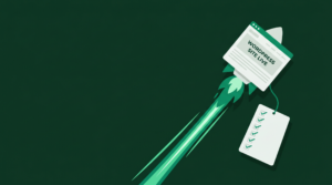 Illustration of a WordPress site launching like a rocket with a checklist of checked boxes trailing behind it, representing a post-launch checklist